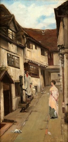 Street Scene With Figures, St. Ives Cornwall Oil Painting by John Knox Ferguson