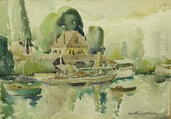 A River Landscape With Boats Moored Alongside A House Oil Painting by Nan S. Ferguson