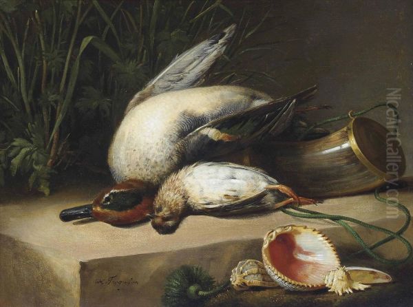 A Duck, Pigeon, Horn And Sea Shells On A Ledge Oil Painting by William Gowe Ferguson