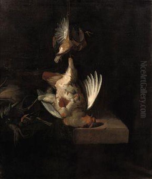 A Partridge And Other Birds Hanging Above A Draped Stone Ledgealong With Hunting Paraphernalia And Small Birds Oil Painting by William Gowe Ferguson