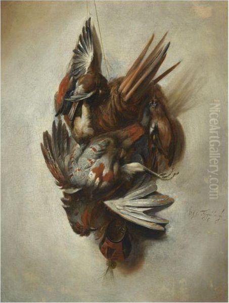 A Falconry Still Life With A Dead Partridge, Songbirds Oil Painting by William Gowe Ferguson