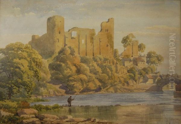 Castle Ruin Beside A River, Watercolour Oil Painting by William J. Ferguson