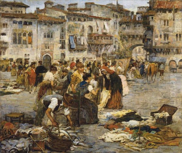 Mercadillo En Una Plaza De Granada: A Market In Granada Oil Painting by Jose Fernandez Alvarado