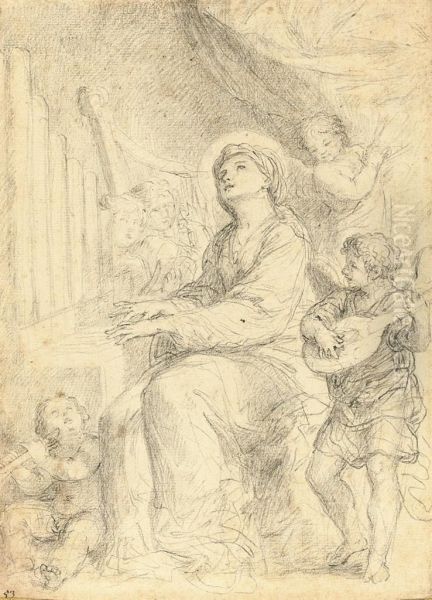 Saint Cecilia Playing The Organ Accompanied By Putti Oil Painting by Francesco Fernandi, Called L'Imperiali