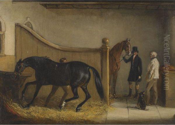 A Dark Bay And A Chestnut Hunter With A Huntsman And Other Figuresin A Stable Oil Painting by John Jnr. Ferneley