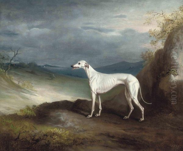 Snowstorm, A Greyhound, In An Extensive Landscape Oil Painting by John Snr Ferneley