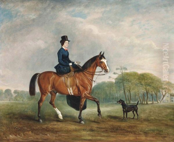 Miss Felicia Elizabeth Welby, Later Lady Lindsay, On A Bay Hunter, With Allington Hall Beyond Oil Painting by John Snr Ferneley