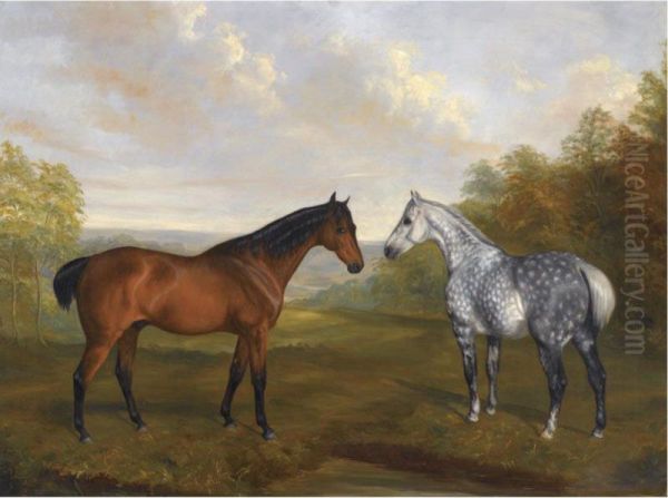 A Chestnut Hunter And A Grey Hunter In A Landscape Oil Painting by John Jnr. Ferneley