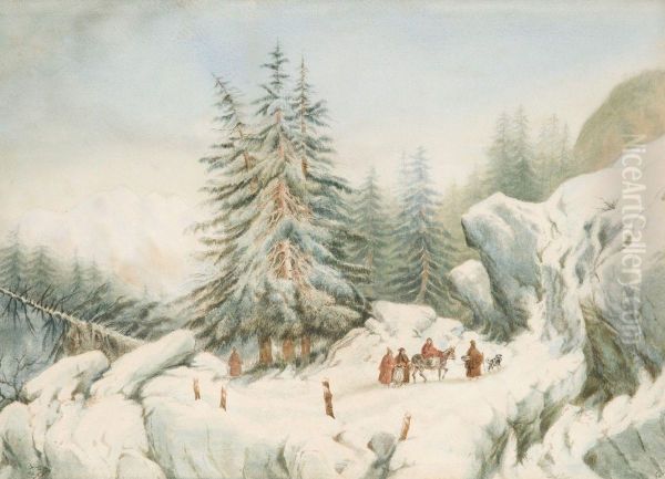 Voyageurs Dans Un Paysage De Montagnes Enneigees Oil Painting by Francois Fortune A. Ferogio