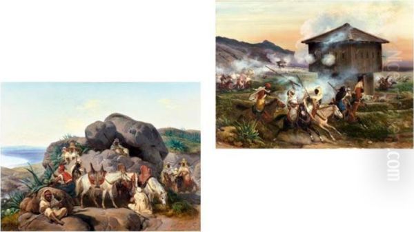 Deux Scenes De La Conquete D'algerie Oil Painting by Eloi Firmin Feron