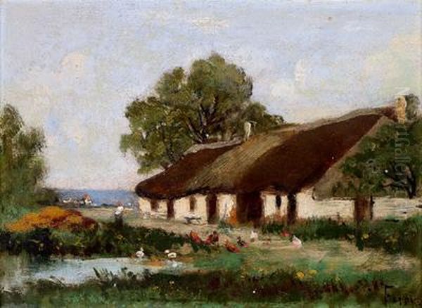 Huhner Vor Bauernhof Oil Painting by Julien Hippolyte Feron