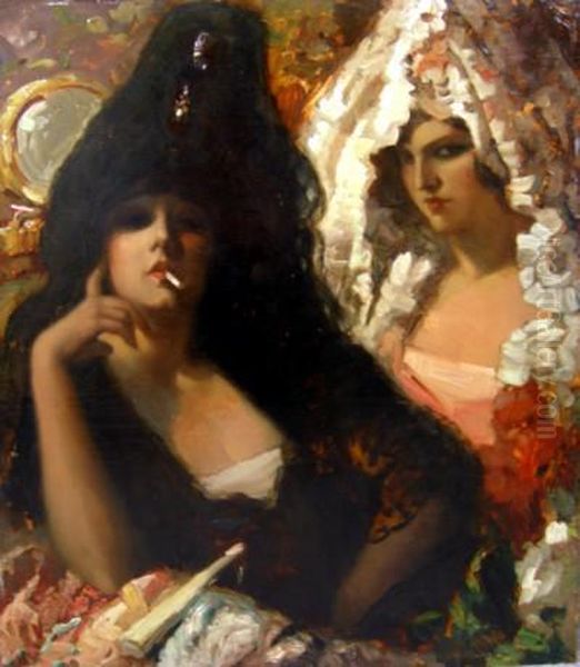 ''due Figure Femminili In Costume Spagnolo''. Oil Painting by Arnaldo Ferraguti