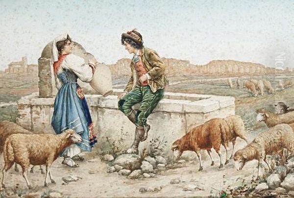 Flirting By The Well Oil Painting by Carlo Ferranti