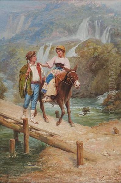 Paesaggio Con Cascate E Figure Oil Painting by Carlo Ferranti