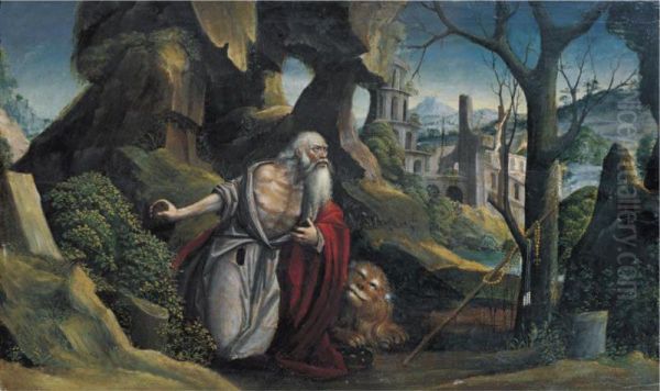 Saint Jerome In A Rocky Wooded Landscape Oil Painting by Defendente Ferrari