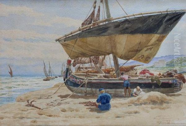 Spiaggia Della Costa Laziale Con Barche E Pescatori A Riva Oil Painting by Ettore Ferrari