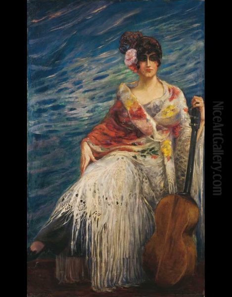 Donna Spagnola In Costume Con Chitarra Oil Painting by Giuseppe Ferrari