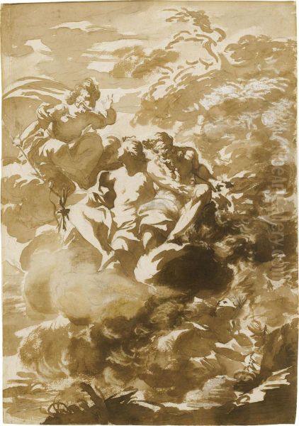 Minerva, Diana And Jupiter In The Clouds With A Nymph Below Oil Painting by Giovanni Domenico Ferretti