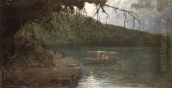 Lago Con Imbarcazione Oil Painting by Augusto Ferri