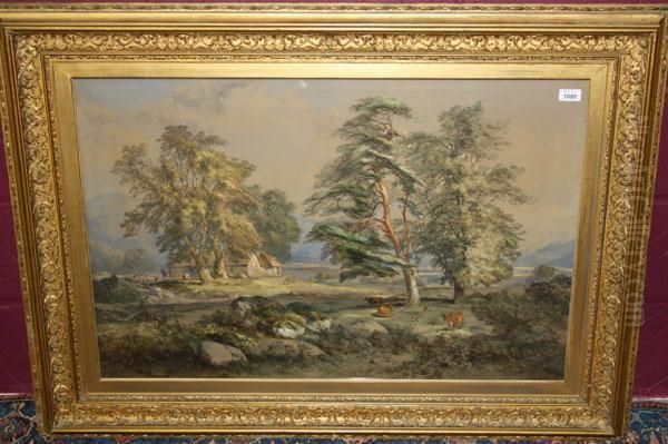 Extensive Wooded Landscape With Cattle And Figures Beside A Cottage Oil Painting by James Ferrier