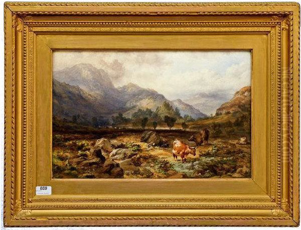 Royal Scottish Academy, 
Scottish Landscape, 
Highland Cattle. Oil Painting by James Ferrier