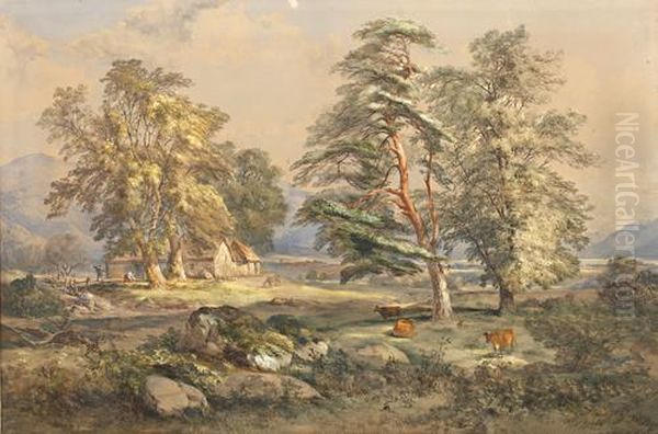 Highland Landscape, With Figures And Cattle By A Croft Oil Painting by James Ferrier