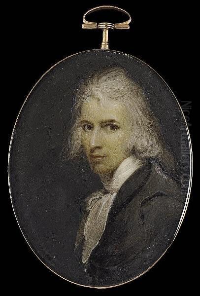 A Gentleman, Wearing Dark Grey Coat And Loosely Tied White Cravat, His Long Hair Powdered And Worn Oil Painting by Francois Ferriere