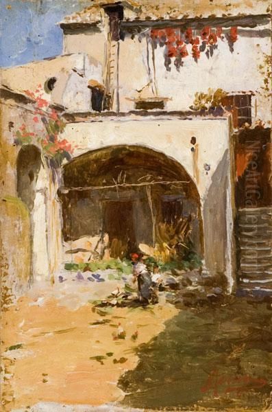 Contadina Nel Cortile Oil Painting by Antonio Ferrigno