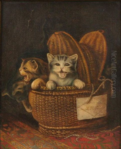 Kittens In A Basket With Tag Reading Oil Painting by Horace Ferris