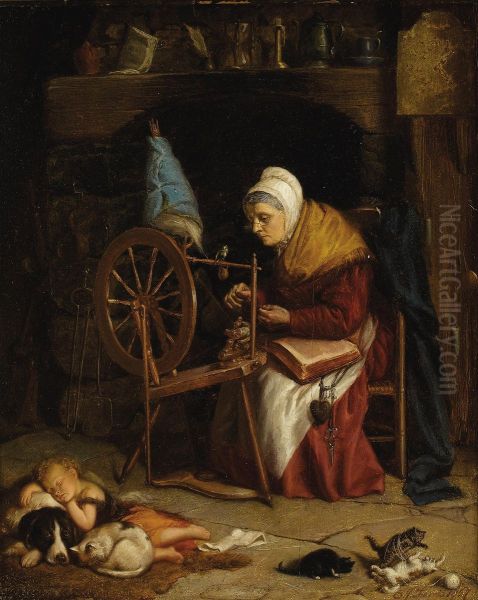 Grandma's Spinning Wheel Oil Painting by Stephen James Ferris