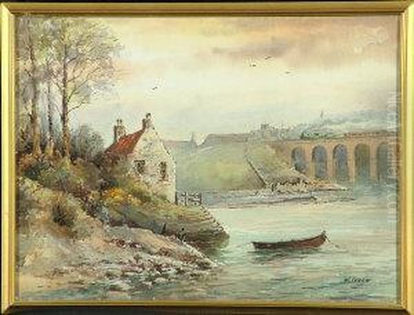 A Tweedside Cottage Overlooking Berwick Railway Bridge Oil Painting by William Ferris