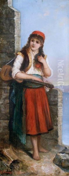 La Jeune Musicienne Devant La Mer Oil Painting by Egisto Ferroni