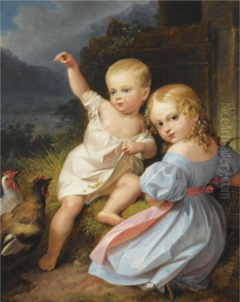 An Infant Boy And A Girl In A Blue Dress Feeding Chickens Oil Painting by Leopold Fertbauer