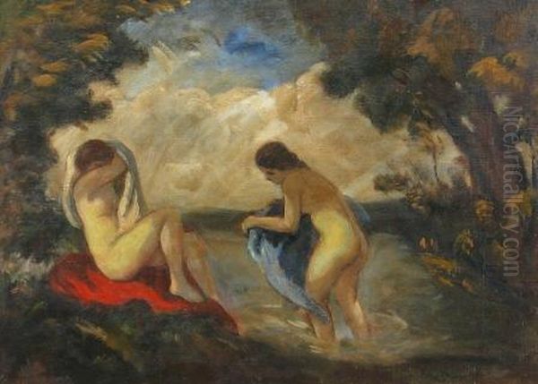 Women Bathing In Classical Landscape Oil Painting by Arpad Feszty