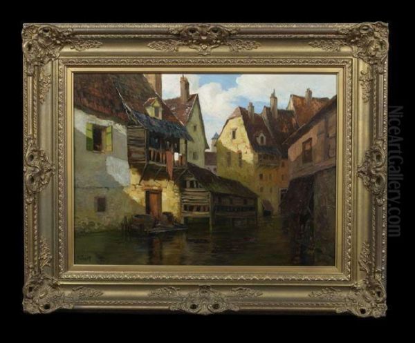 View Of Village Houses Along A Canal Oil Painting by Theodor Feucht