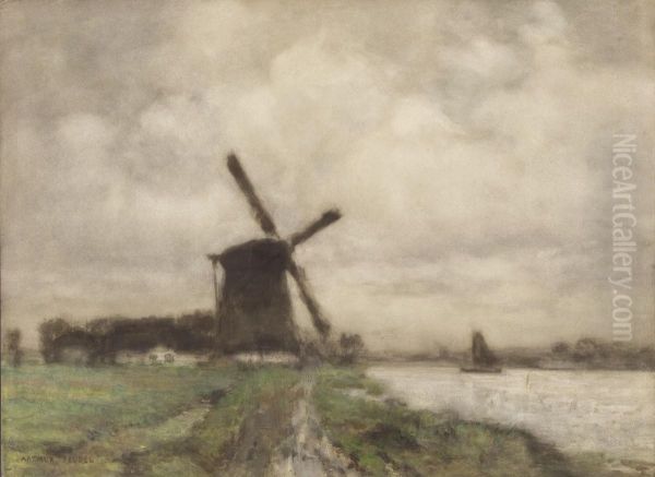 River Landscape With Windmill Oil Painting by Arthur Feudel