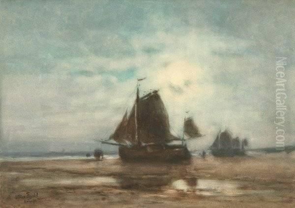 Moonshine On The Strand At Katwijk,
 Signed And Located Lower Left Oil Painting by Arthur Feudel