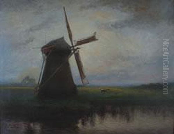 Landscape With Windmill Oil Painting by Arthur Feudel