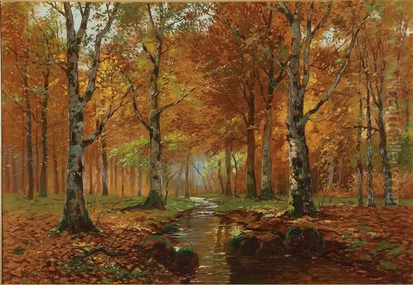 Tranquil Fall Forest View With Stream Oil Painting by Carl Fey