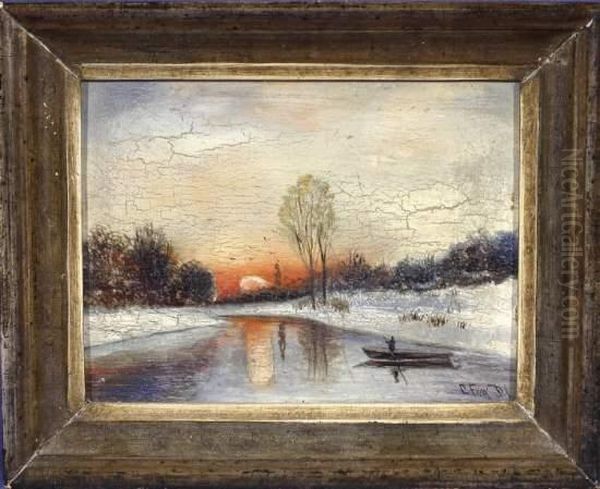 Winterliche Flusslandschaft Mit Ruderboot Vor Untergehender Sonne Oil Painting by Carl Fey