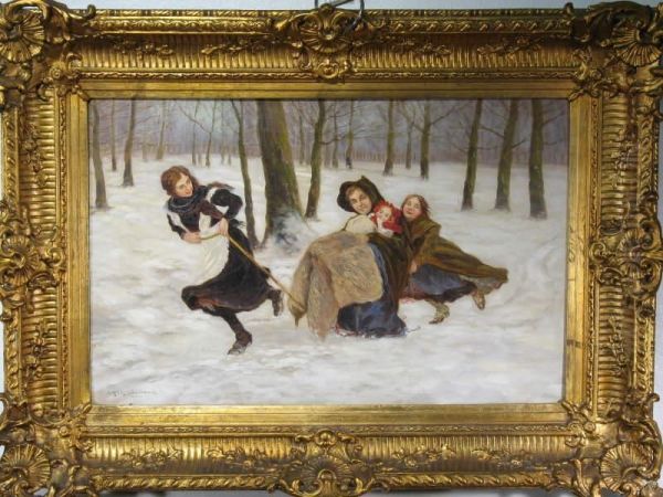 Leinwand. Frohliche Schlittenpartie Im Verschneiten Wald Oil Painting by Carl Fey