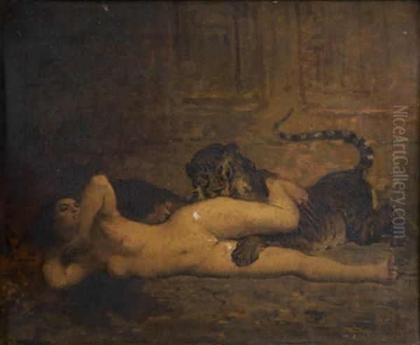 Jeune Femme Et Un Tigre Oil Painting by Francois N. Auguste Feyen-Perrin