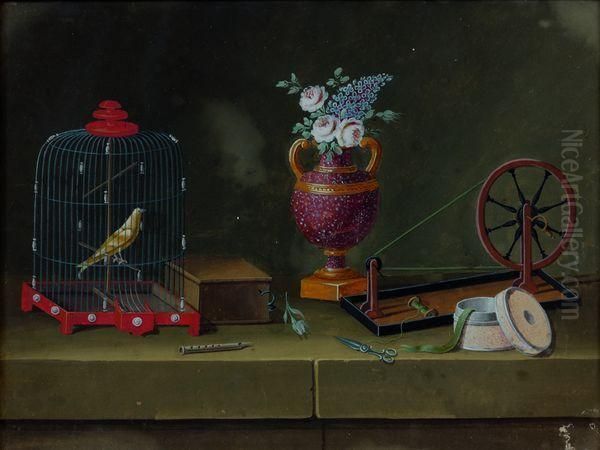 Nature Morte Avec Rouet Et Oiseau En Cage Oil Painting by Johann Rudolf Feyerabend