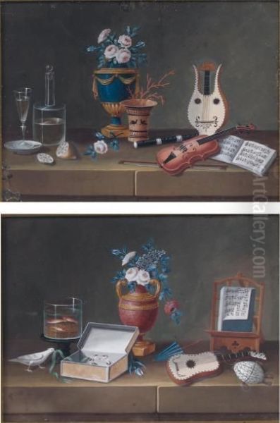 Paire De Gouaches En Pendant, 
L'une Au Bocal De Poissons Rouge Et Aux Attributs De La Musique Oil Painting by Johann Rudolf Feyerabend