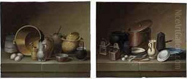 Still Life With Crockery, Eggs And A Bunch Of Asparagus; And Stilllife With Crockery, Vegetables And A Mousetrap Oil Painting by Johann Rudolf Feyerabend