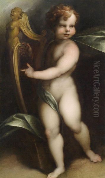 A Putto Playing The Lyre Oil Painting by Rinaldo Fiammingo