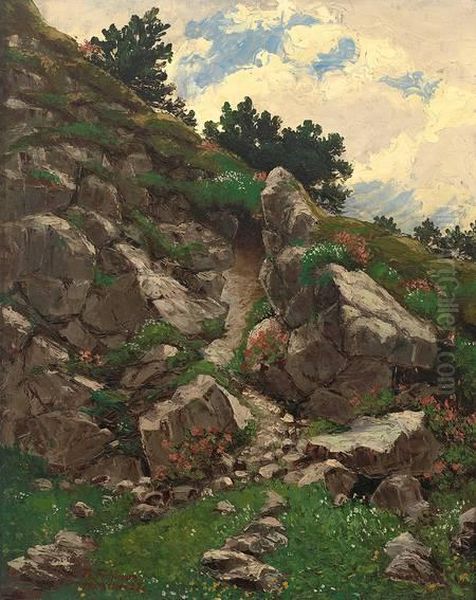 Gebirgshang Mit Alpenrosen Und Latschenkiefern Oil Painting by Theodor Fichtner