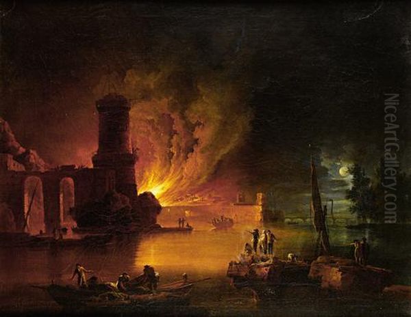 A Capriccio Of A Moonlit Mediterraneanharbour With A Coastal Tower And Figures On A Quayside Watching Atown Fire Oil Painting by Francesco Fidanza