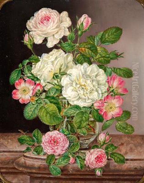 Stilleben Mit Rosen In Einer Glasvase Oil Painting by Anton, Antonia Fiedler