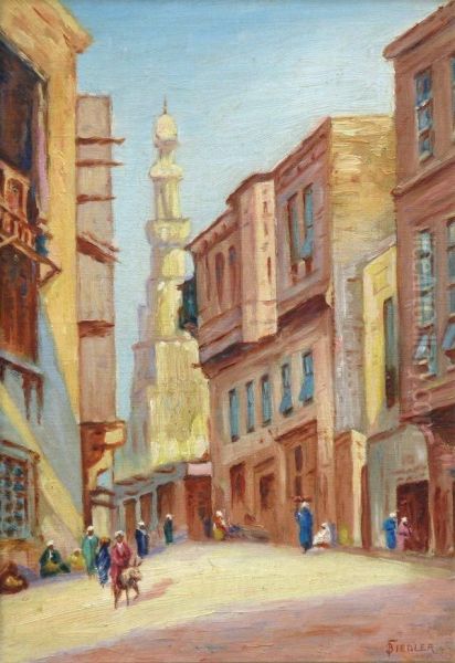 Cairo Street Scene Oil Painting by Bernard Fiedler